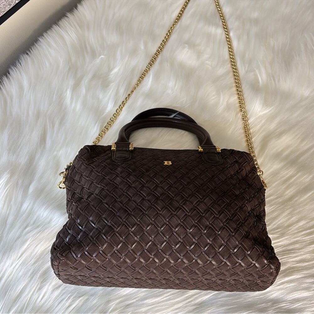BALLY Elegant Brown Woven Suede & Leather Satchel w/Gold HDW, Chain & Tassel EUC - Picture 7 of 12